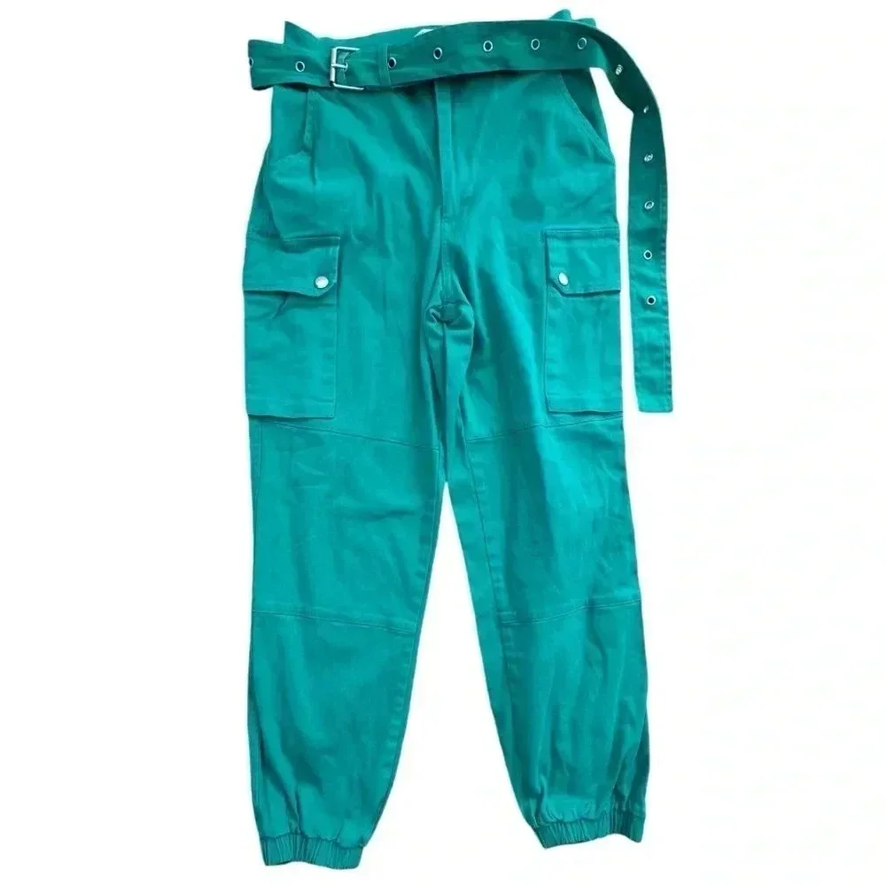 Cargo Green Pants with Belt, Pocket and Cropped/ Full Length High Waisted Jogger